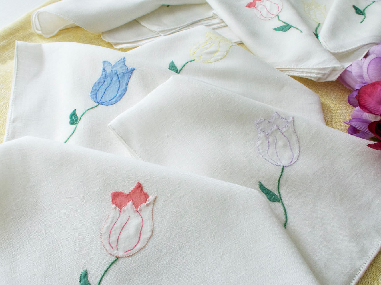 Pastel Tulips Vintage Italian Embroidered 20" Linen Napkins, Set of 12