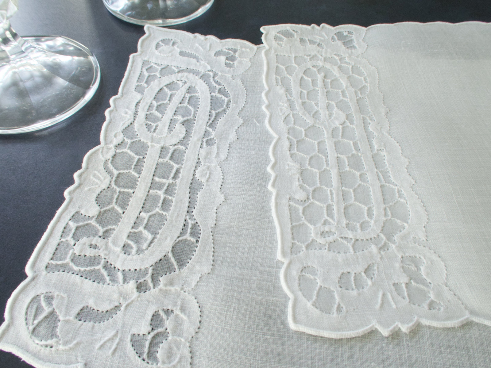 "D" Monogram Vintage Madeira Linen Cocktail Napkins, Set of 6