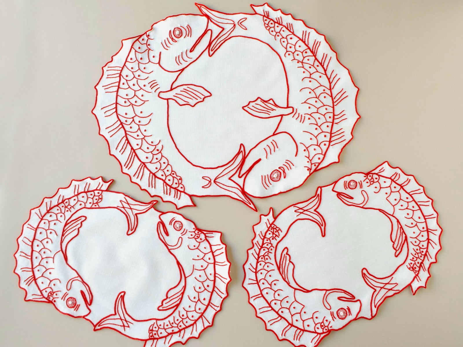 A Trio of Red Embroidered Fish, Vintage Madeira Linens