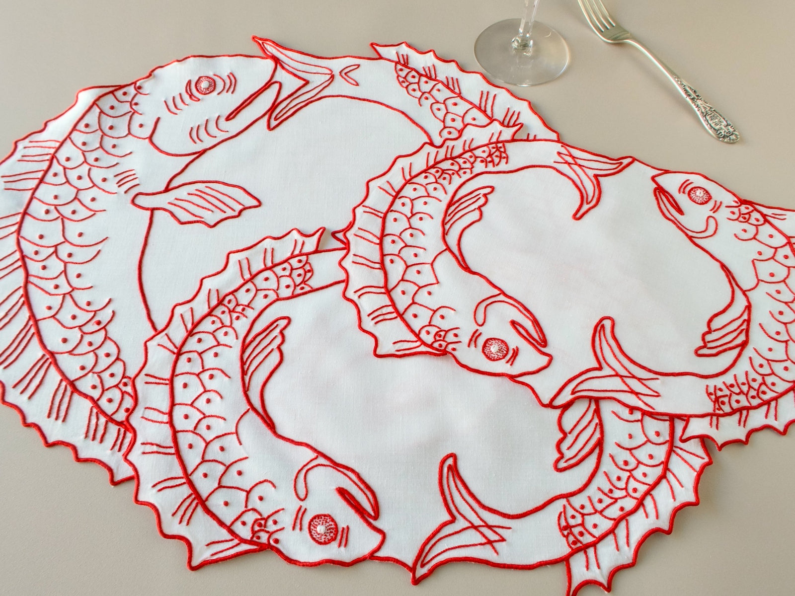 A Trio of Red Embroidered Fish, Vintage Madeira Linens