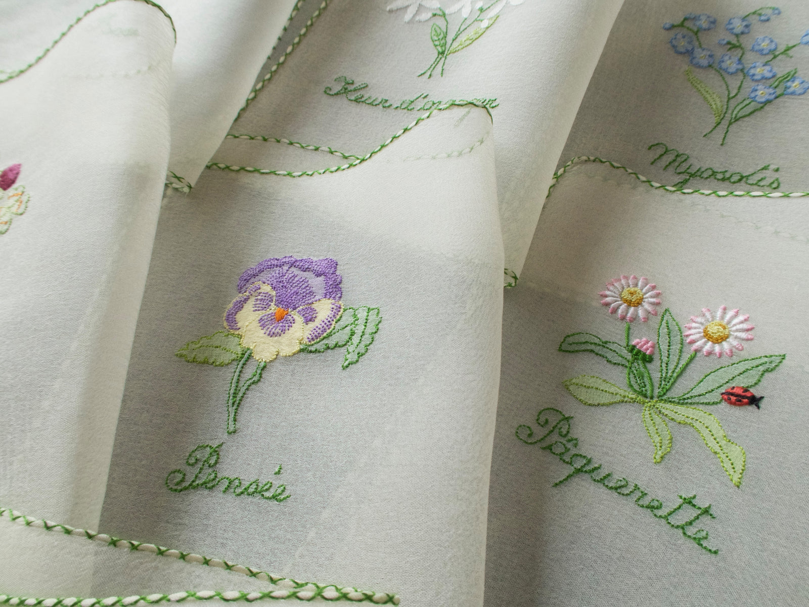 Vintage silk chiffon cocktail napkins hand embroidered with French flower names and delicate floral motifs.
