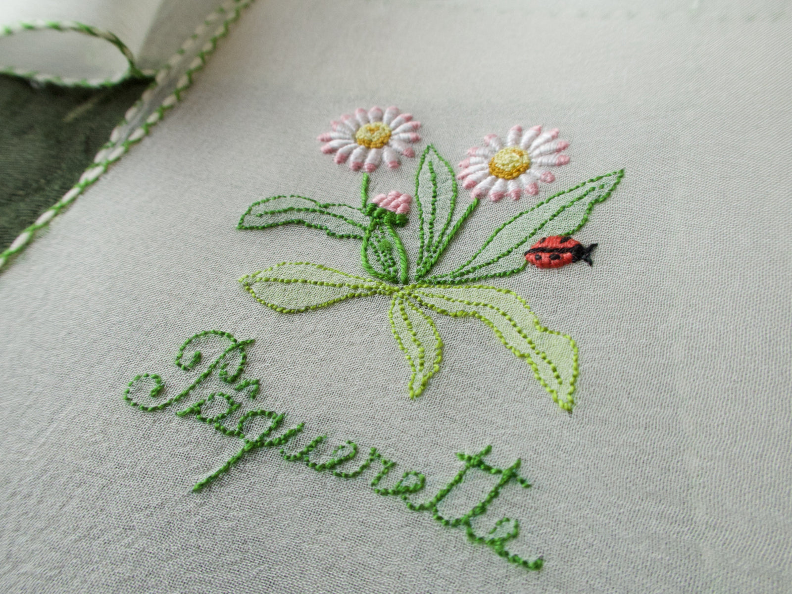 Vintage silk chiffon cocktail napkins hand embroidered with French flower names and delicate floral motifs.