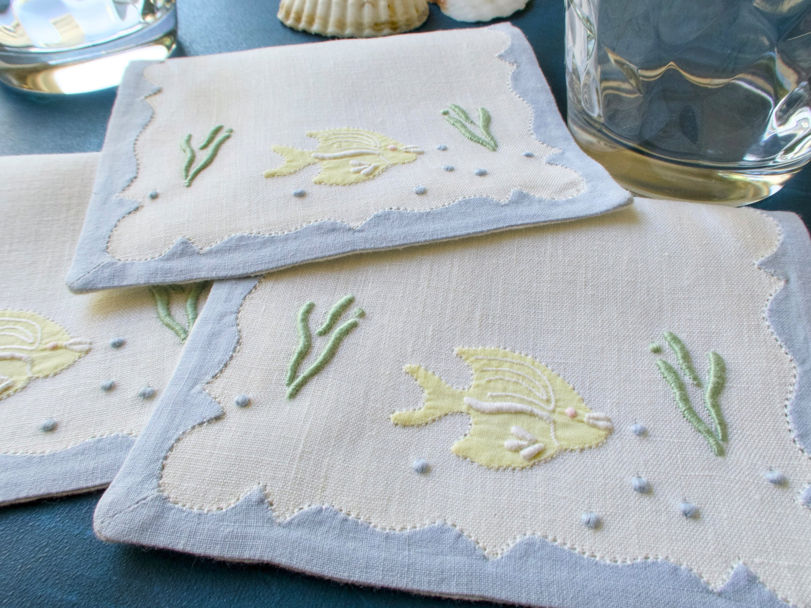 Yellow Fish Vintage Madeira Linen Cocktail Napkins, Set of 6