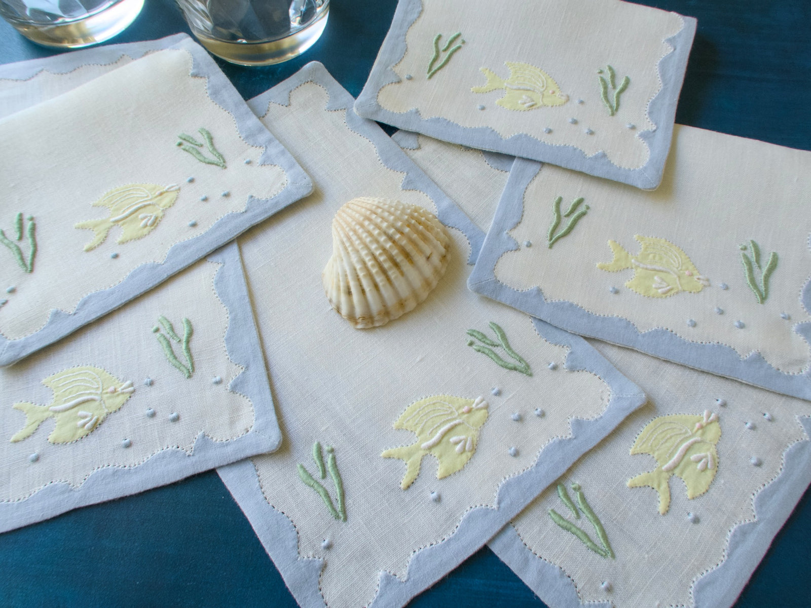 Yellow Fish Vintage Madeira Linen Cocktail Napkins, Set of 6