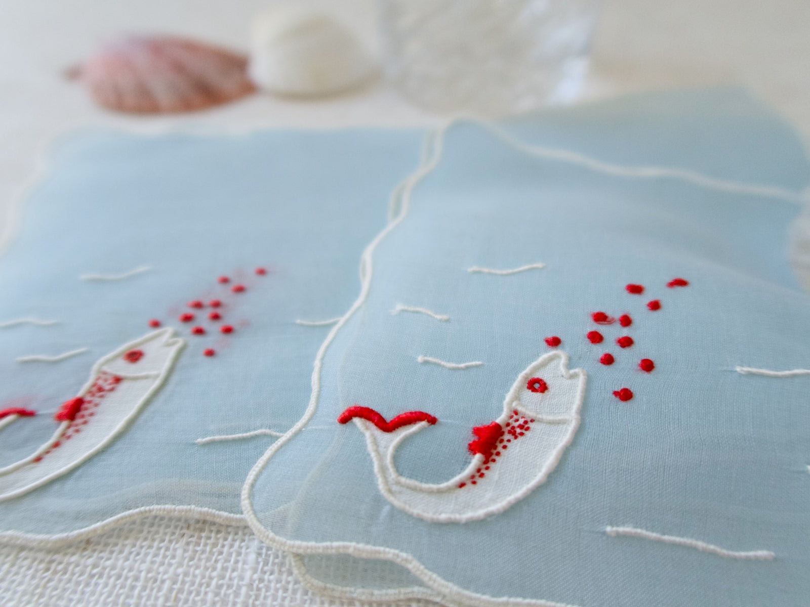 "Fish" in Blue Marghab Organdy Cocktail Napkins, Set of 8