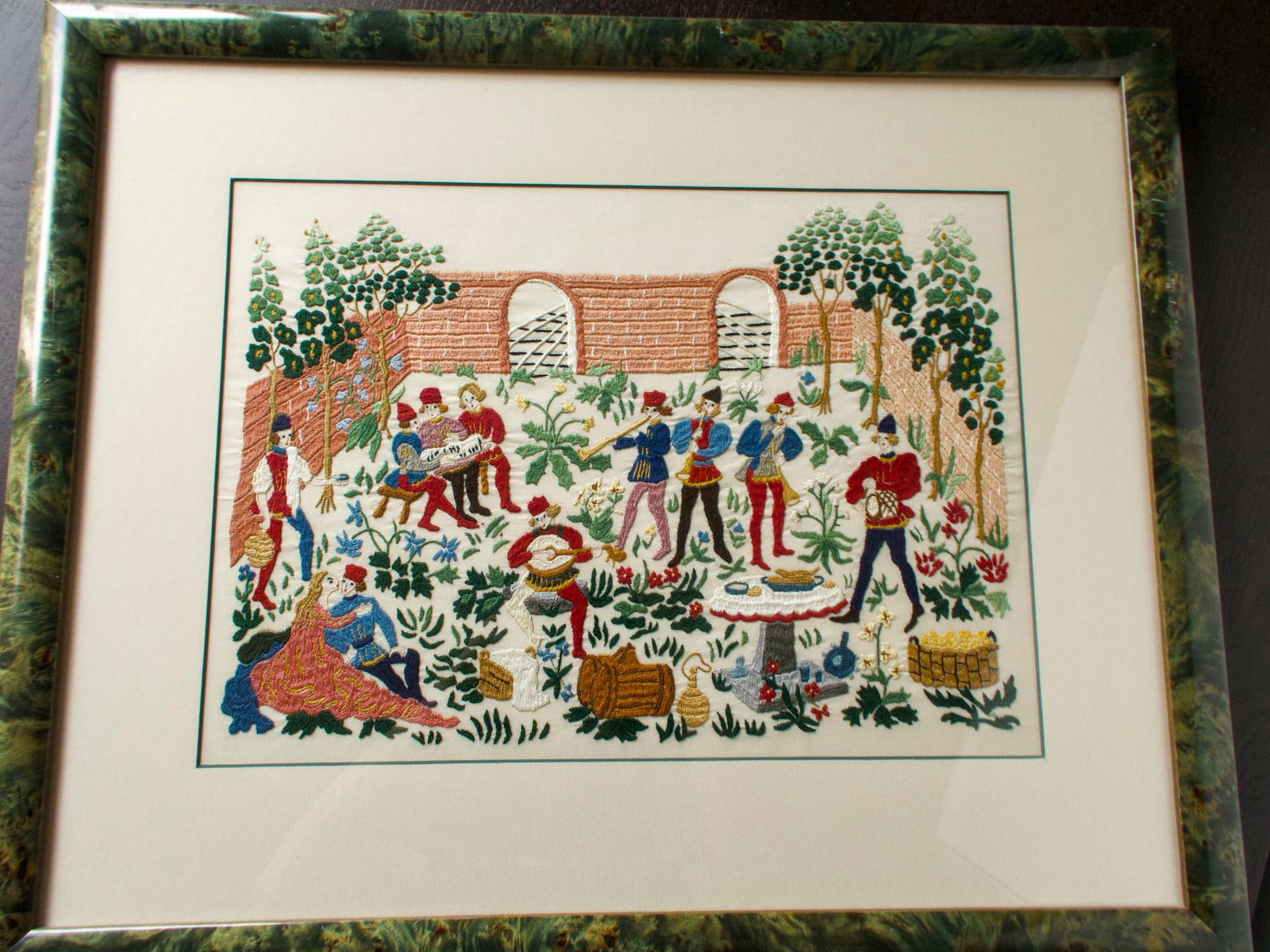 Medieval Lovers Banquet Scene Vintage Rapisardi Embroidered Panel, Framed