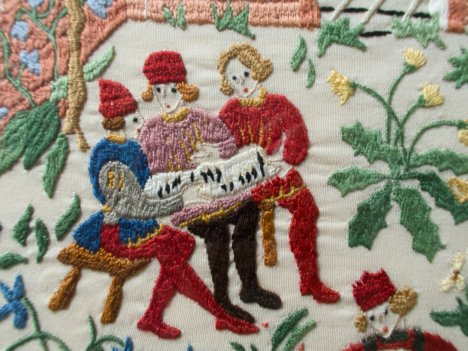 Medieval Lovers Banquet Scene Vintage Rapisardi Embroidered Panel, Framed