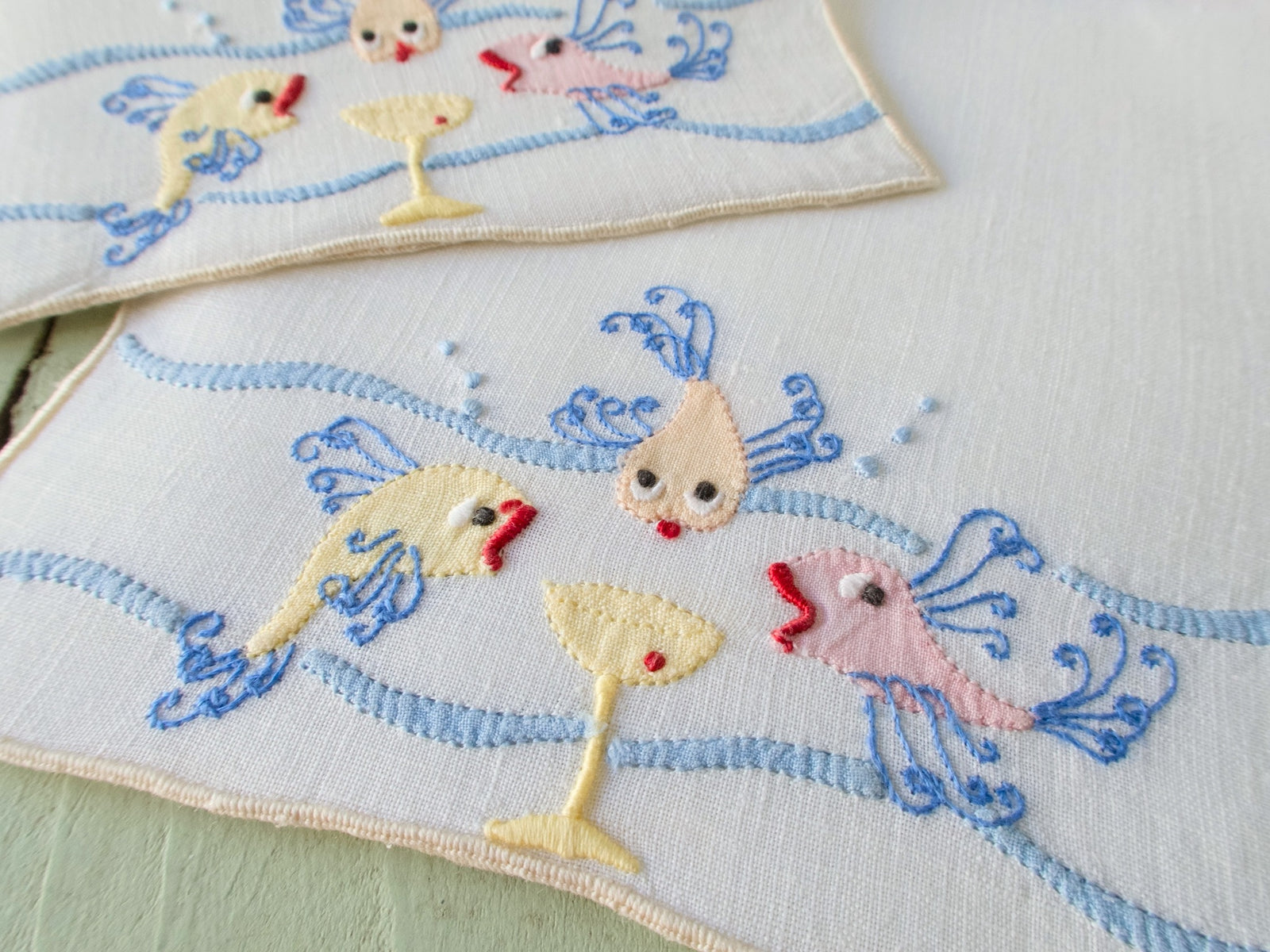 Fish Party Vintage Madeira Linen Cocktail Napkins, Set of 8