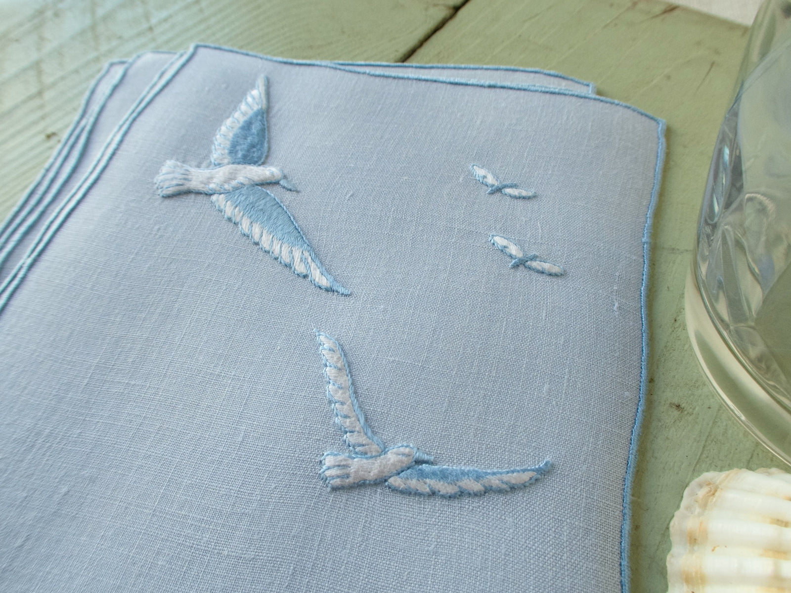 Seagulls in Flight Vintage Madeira Linen Cocktail Napkins, Set of 8