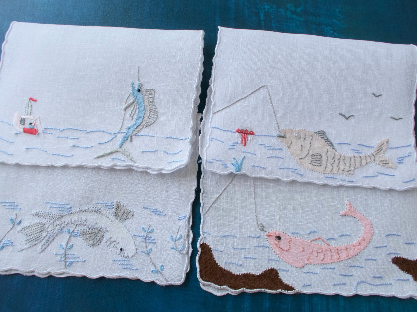 Fishing Vintage Madeira Linen Cocktail Napkins, Set of 4