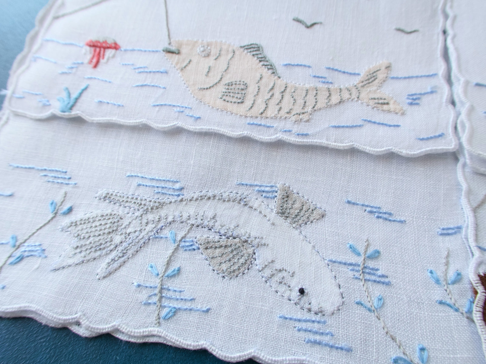 Fishing Vintage Madeira Linen Cocktail Napkins, Set of 4