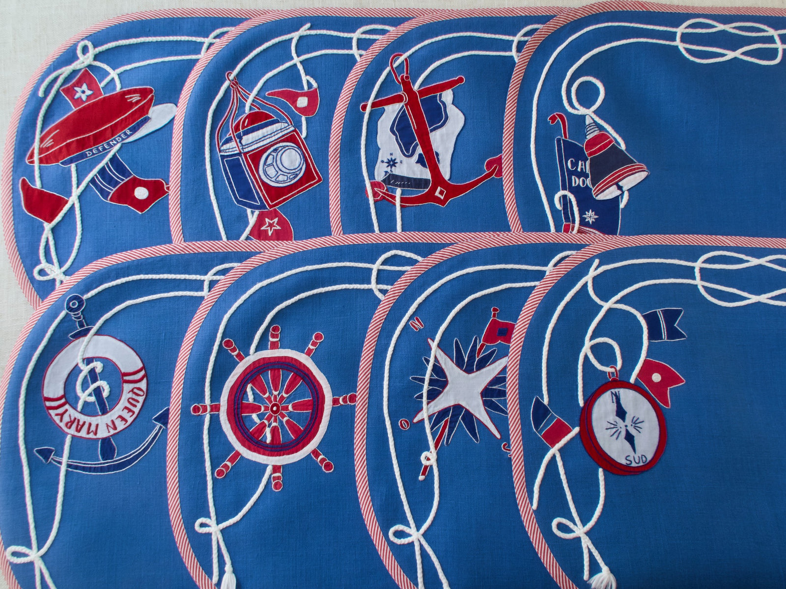 Striking Nautical Placemats - Set of 8 Vintage French Hand Embroidered Linens