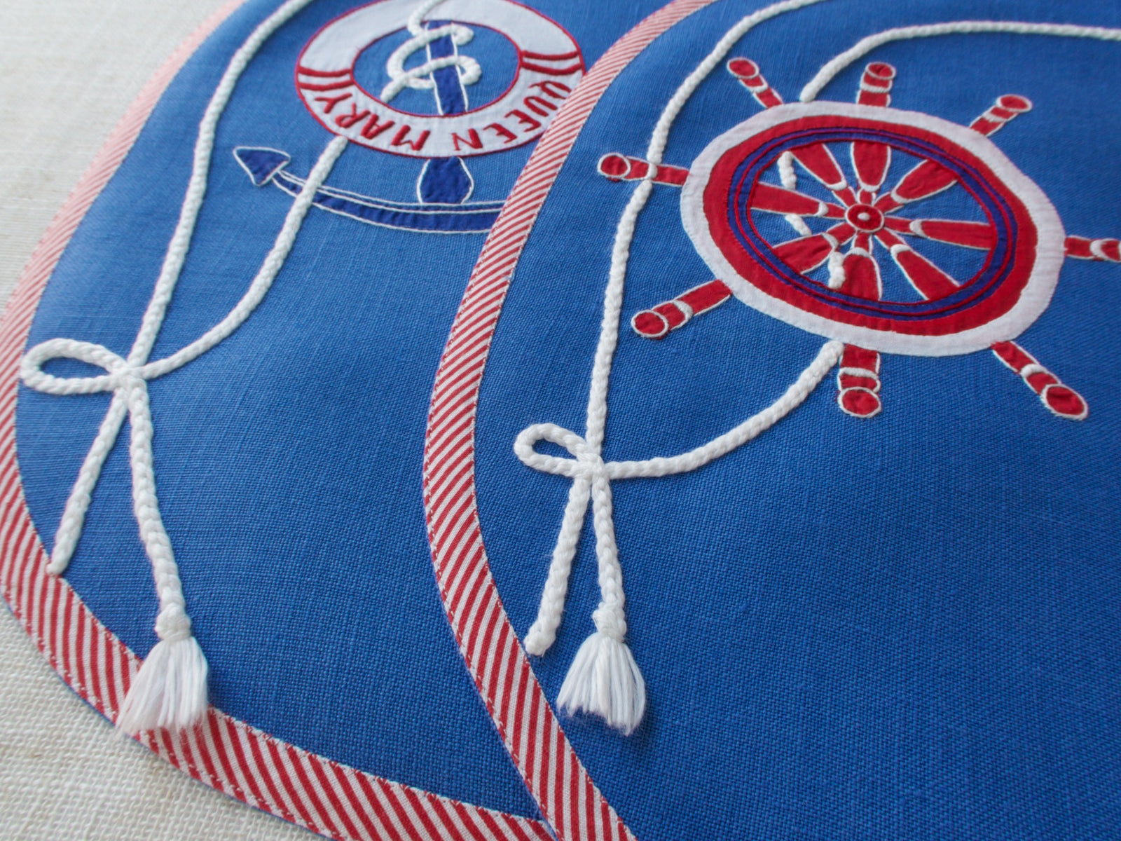 Striking Nautical Placemats - Set of 8 Vintage French Hand Embroidered Linens