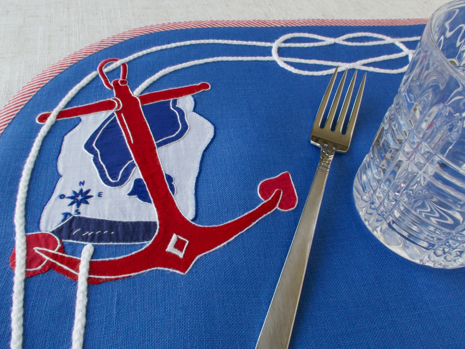Striking Nautical Placemats - Set of 8 Vintage French Hand Embroidered Linens