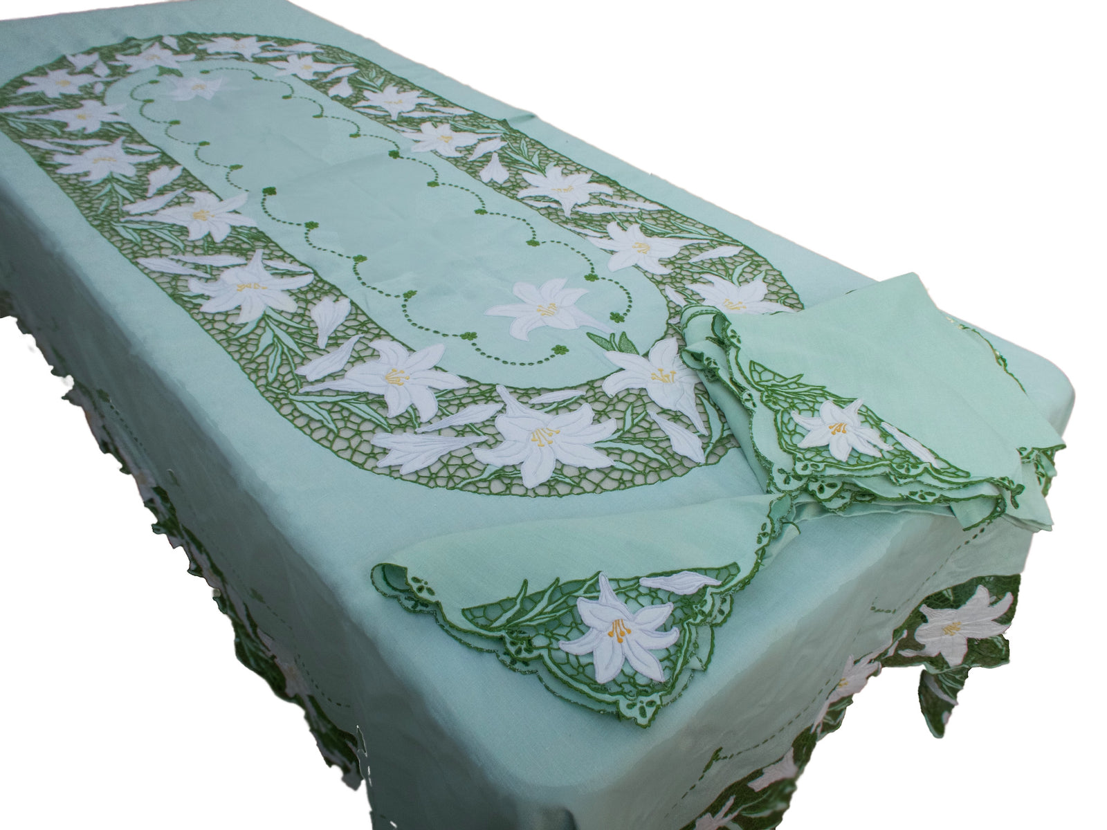 Lilies Vintage Madeira Richelieu Green Tablecloth 66x102 with 12 Napkins