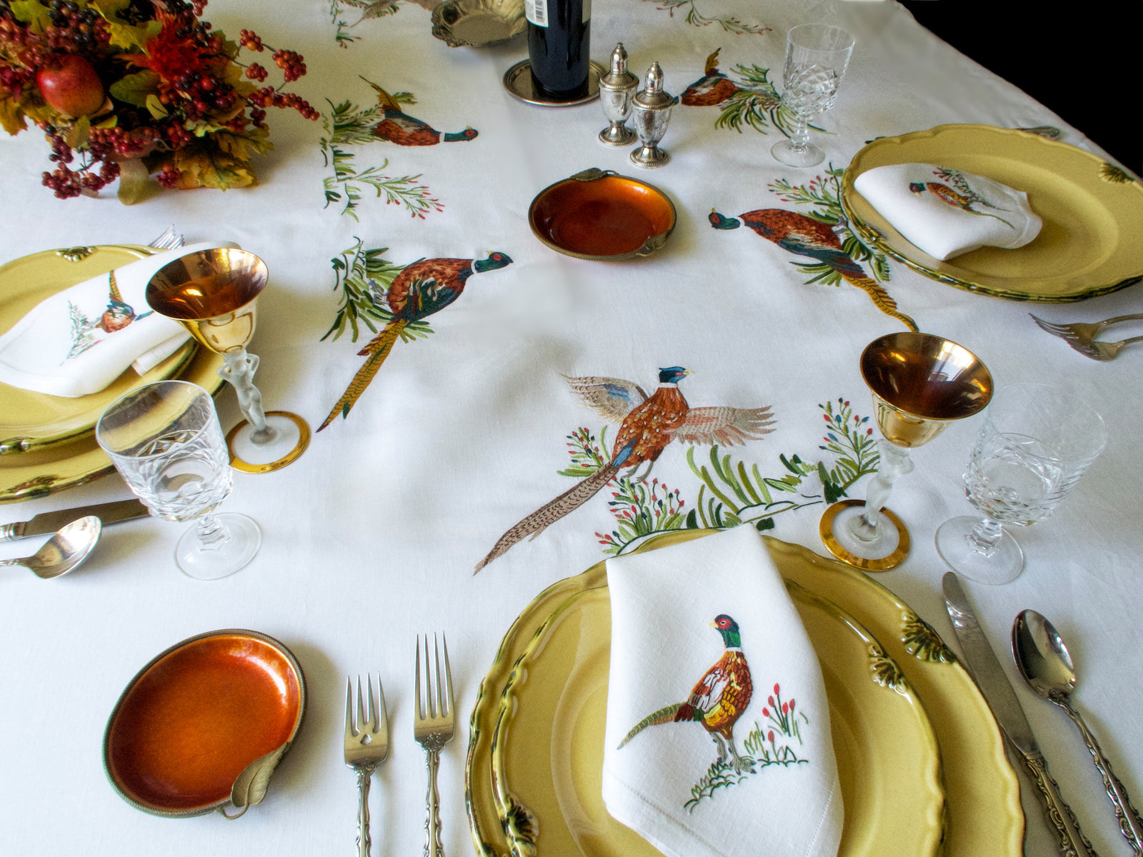 Vintage D Porthault Pheasants 148" Oval Tablecloth & 12 Napkins