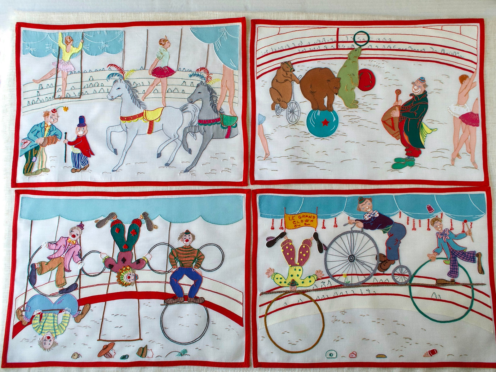 Vintage Italian Circus Placemats, Hand Embroidered, Set of 8