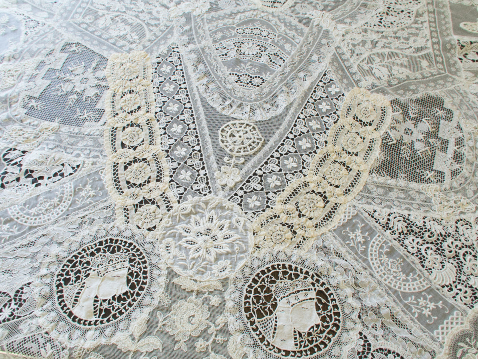 Antique Mixed Lace Hand Pieced Bridal Tablecloth 56x78"