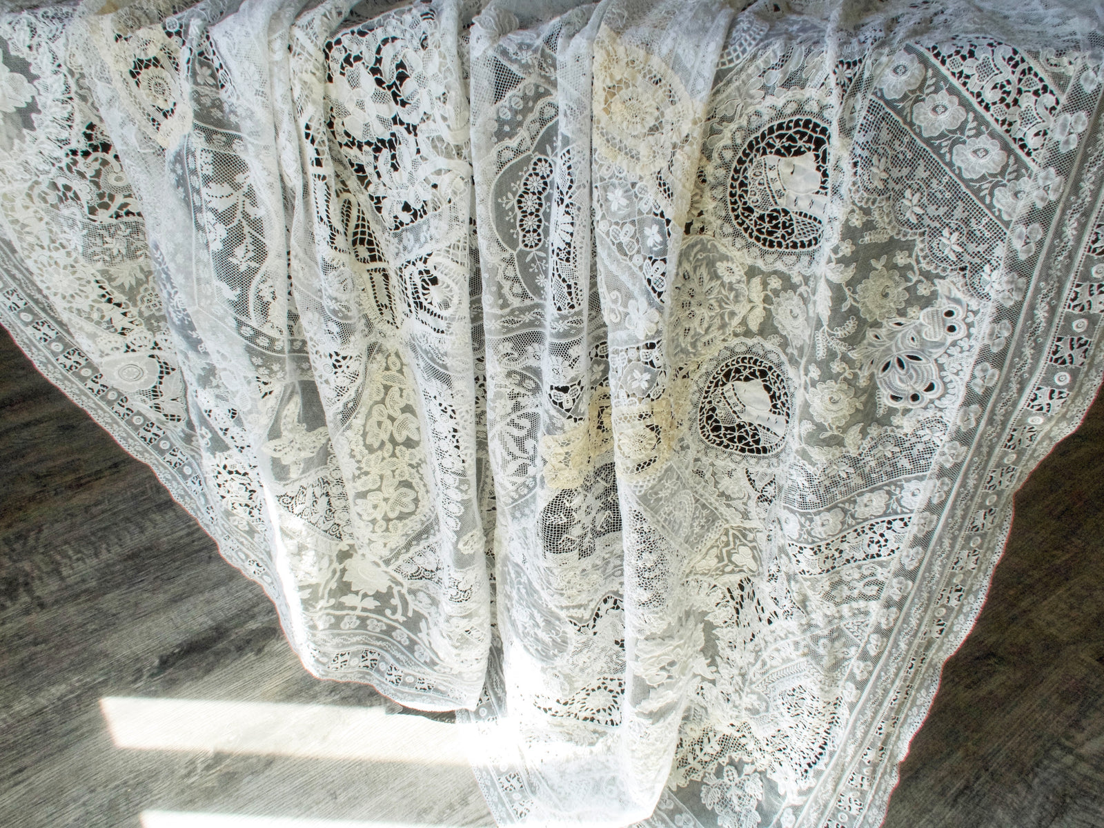 Antique Mixed Lace Hand Pieced Bridal Tablecloth 56x78"