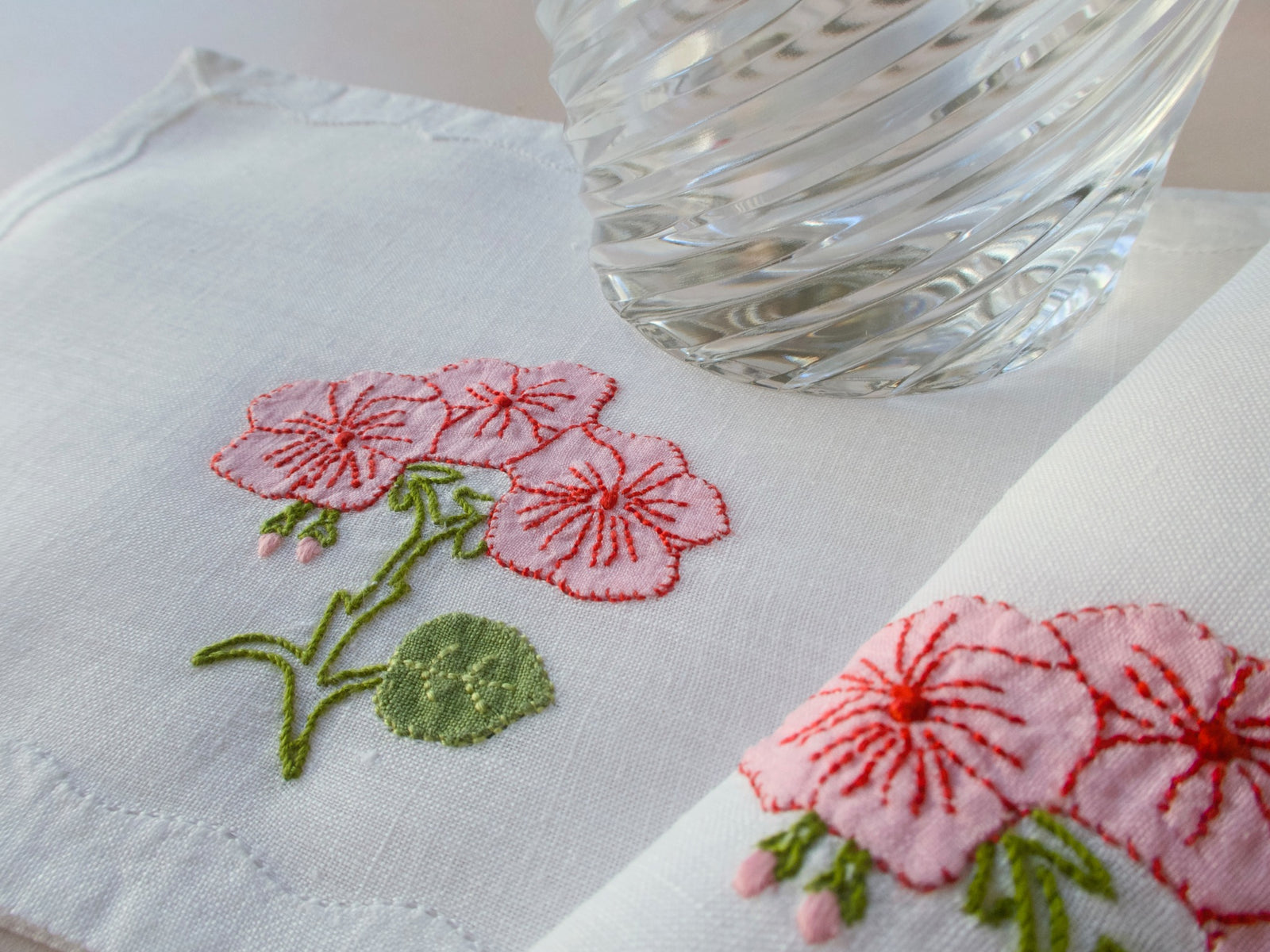 Stylized Pink Geraniums Vintage Madeira Linen Cocktail Napkins, Set of 8