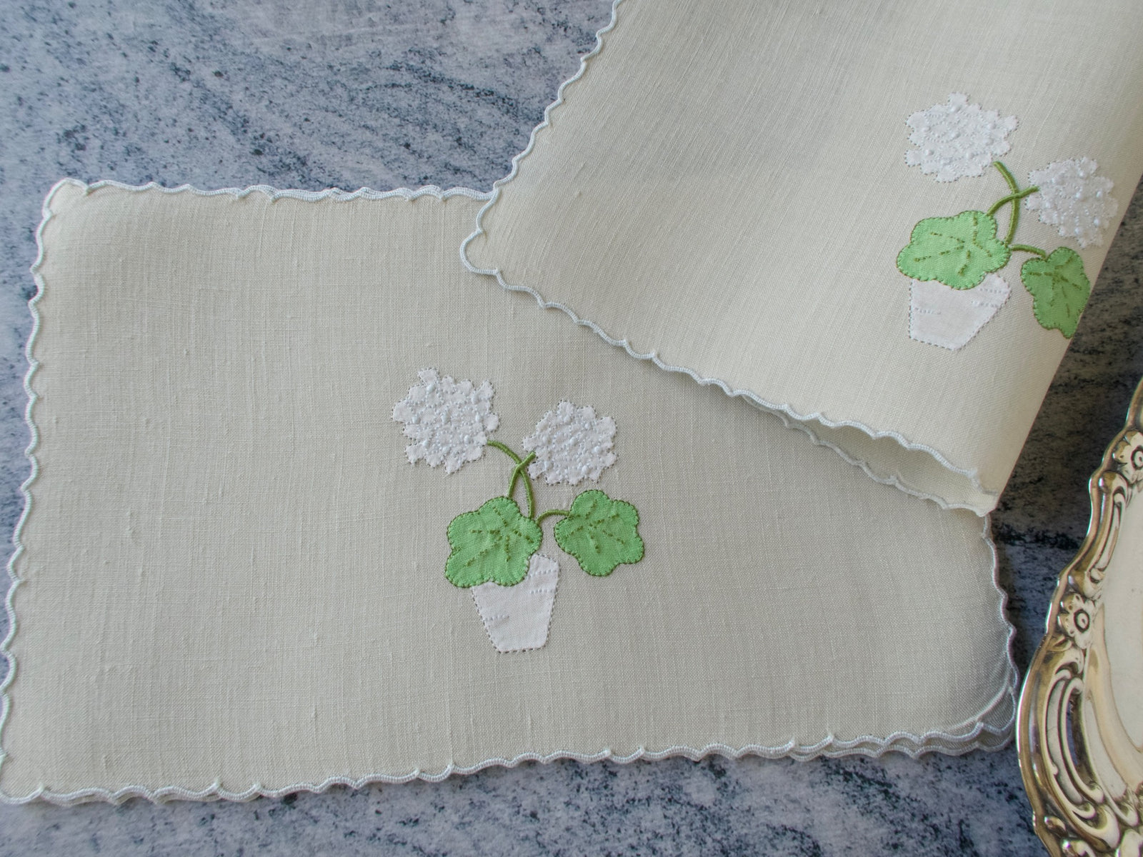 "Geranium" in White Marghab Linen Cocktail Napkins, Set of 6