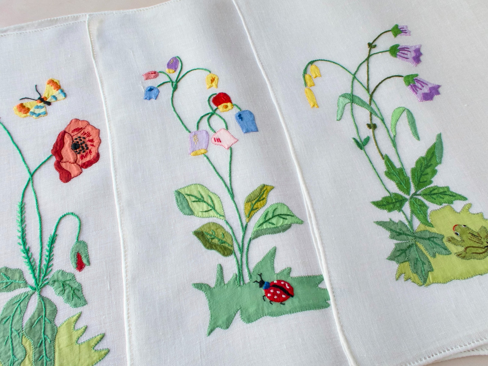 Insects, Frog & Flowers Italian Embroidery on Linen, Set of 8 Placemats