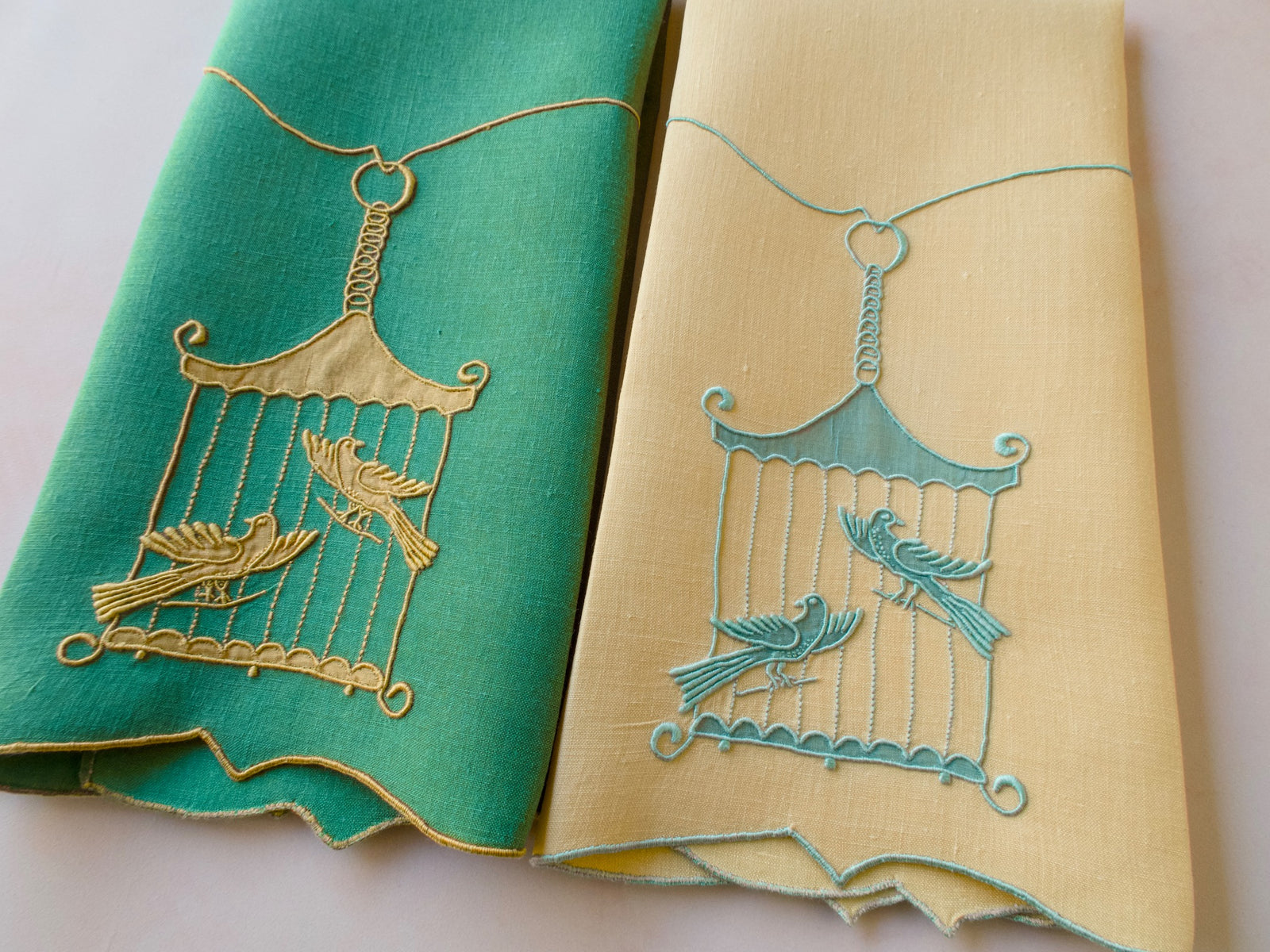 "Bird in Cage" Vintage Marghab Linen Guest Towels, Pair