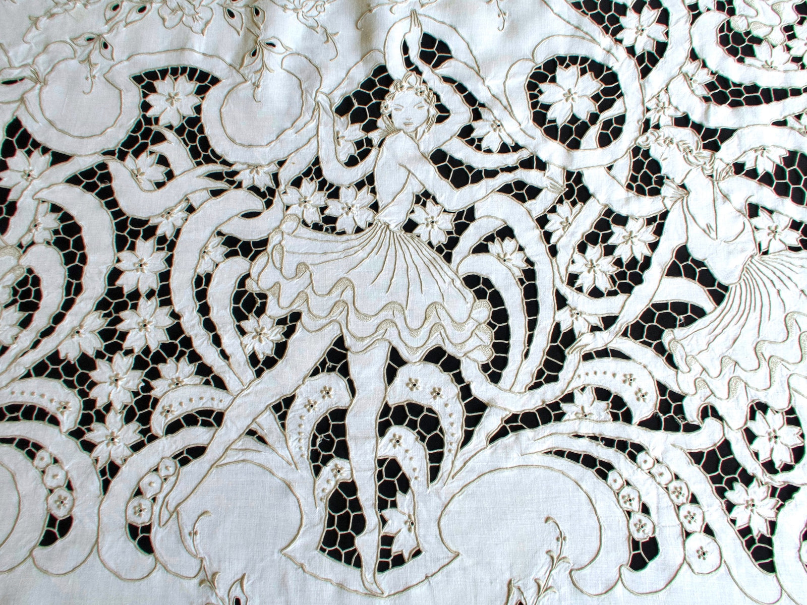Vintage Madeira Ballet tablecloth, hand embroidered with dancers in motion in Richelieu work.