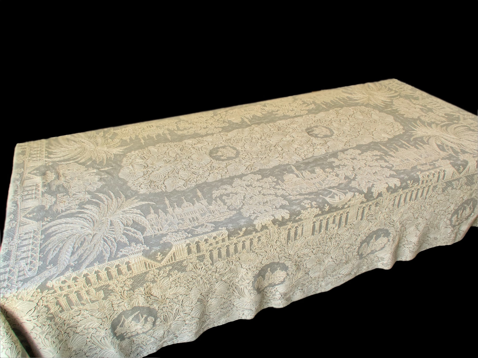 Venetian cityscape detail on vintage French Alençon lace tablecloth