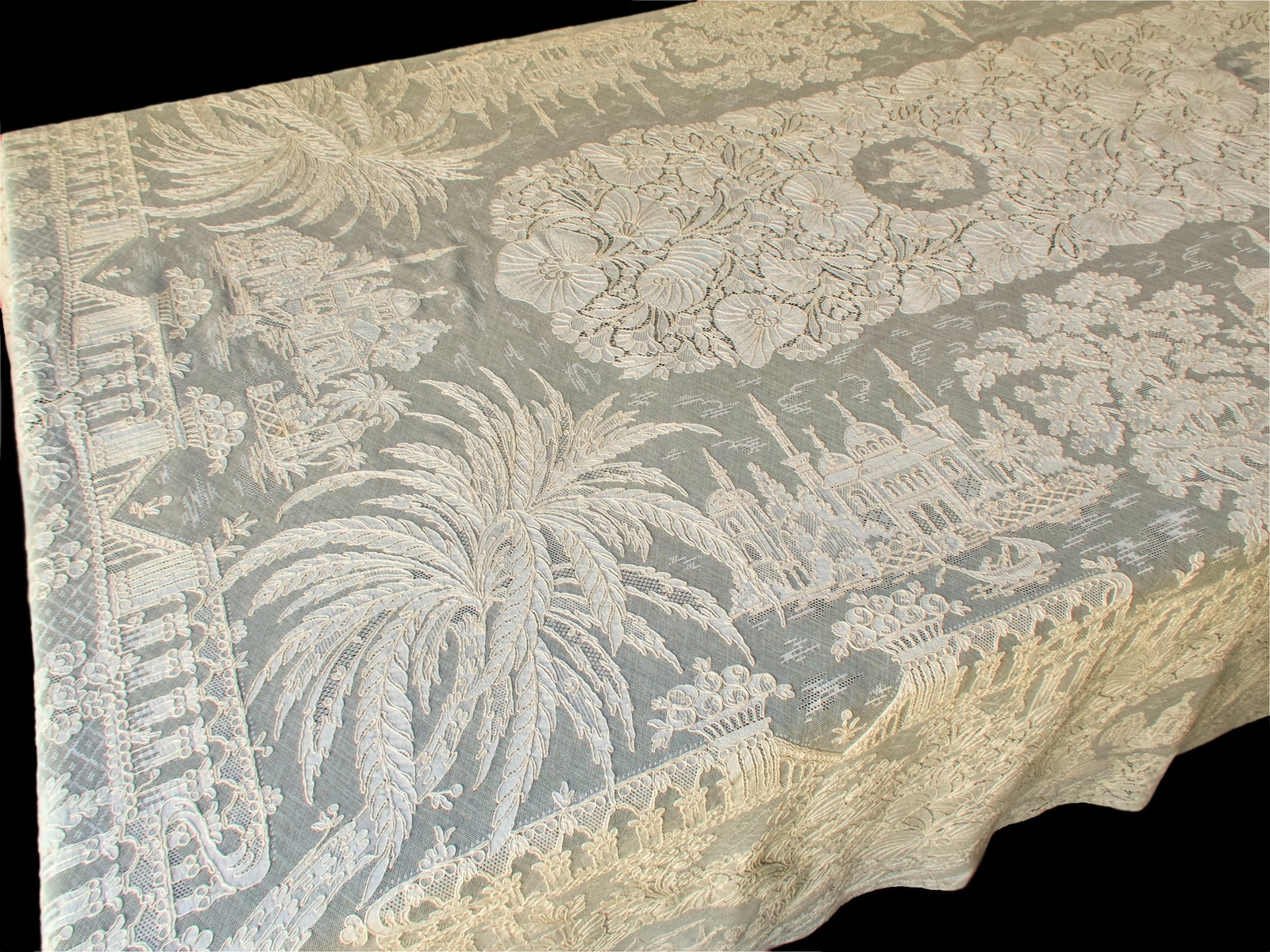 Architectural border design on French Alençon lace tablecloth