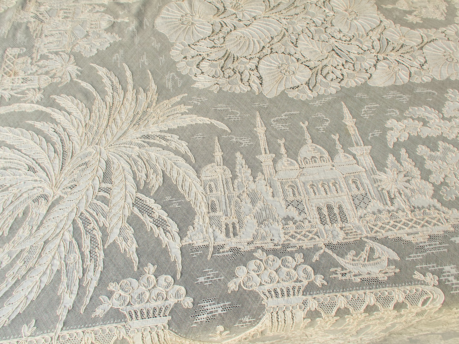 Vintage French Alençon lace tablecloth with Venetian landmark scene