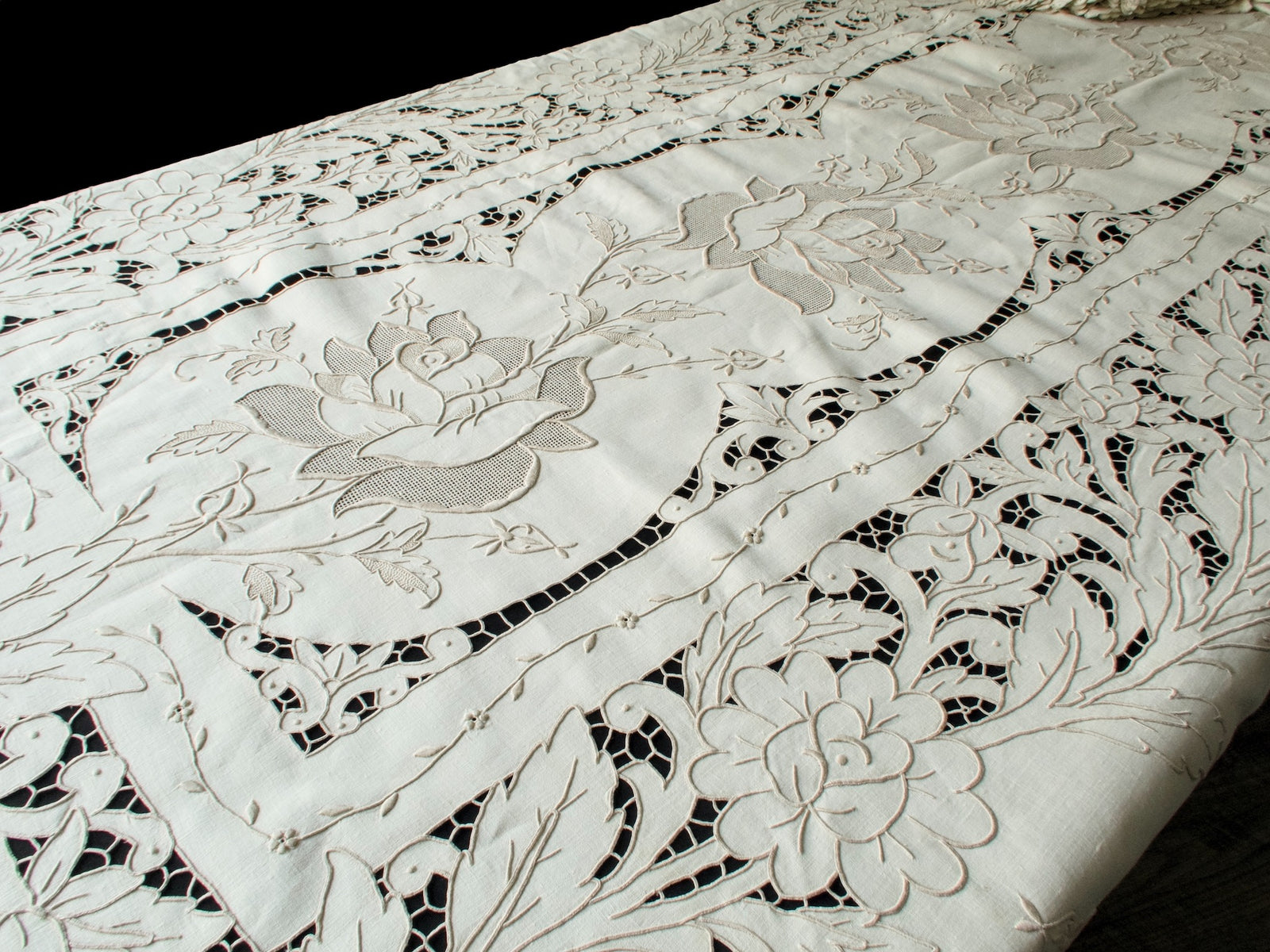 Raised embroidery and floral cutwork detail of vintage Madeira tablecloth