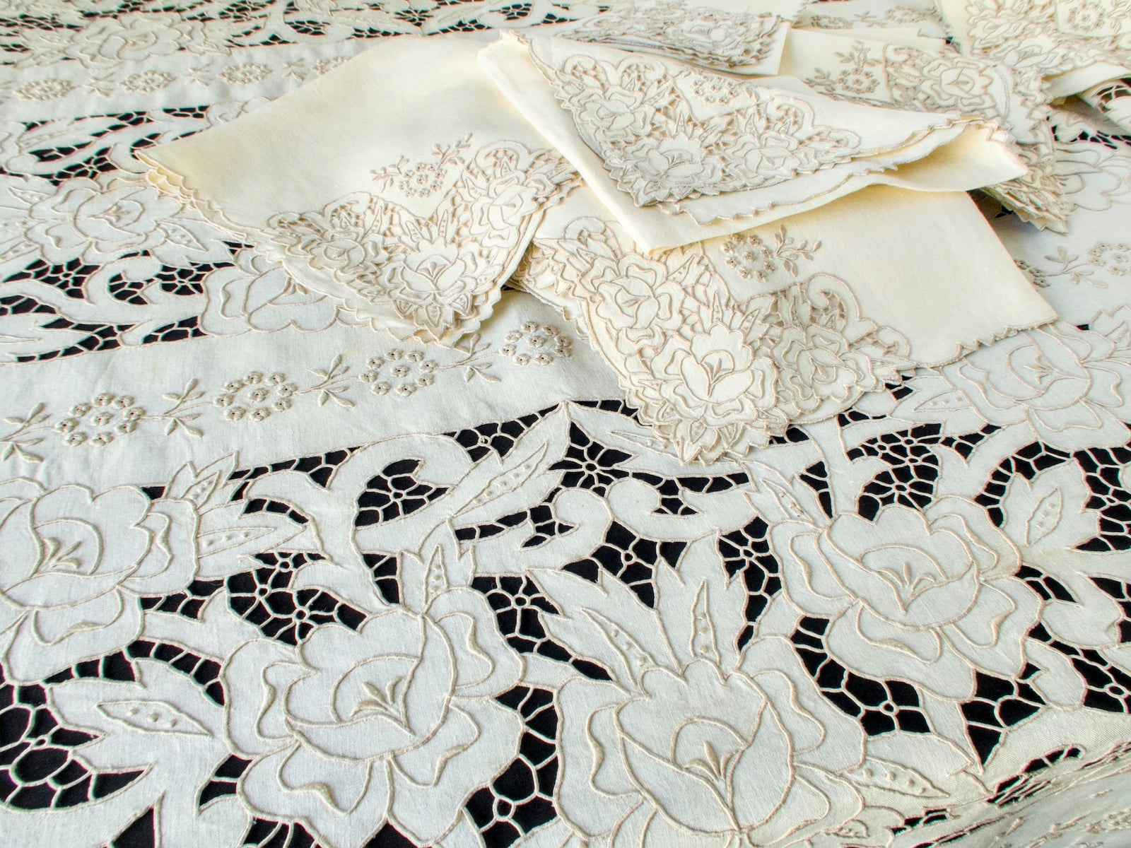 The Grand Madeira 22-foot Vintage Hand Embroidered Tablecloth 68x280, 24 Napkins