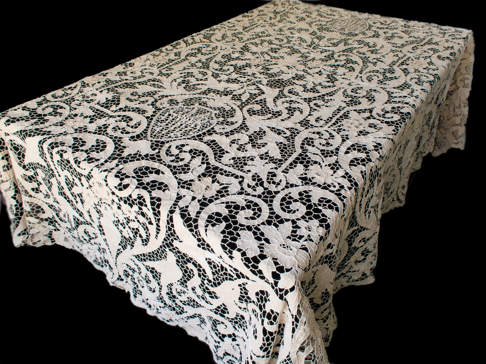 Graceful Birds Vintage Needle Lace Tablecloth