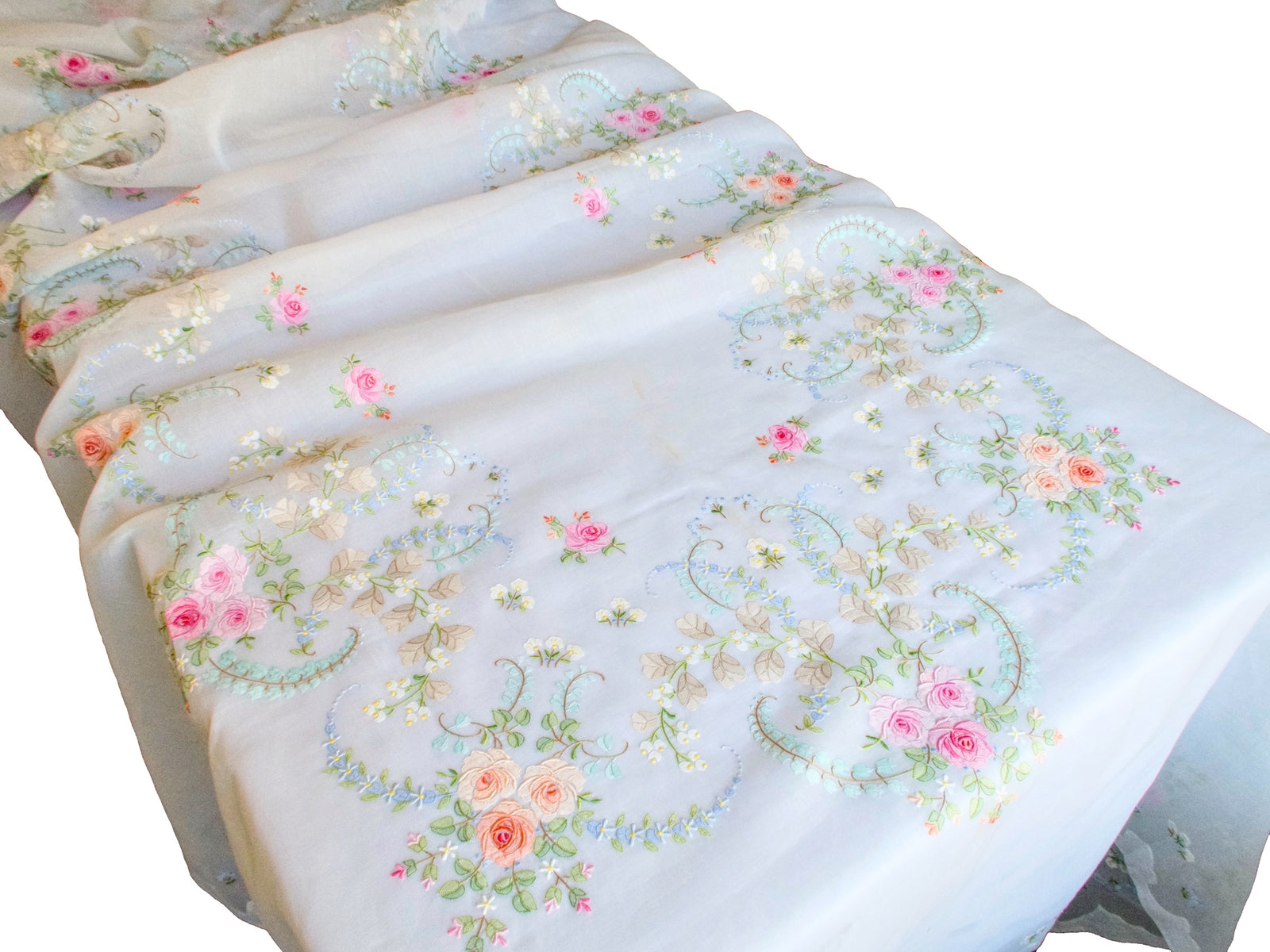 Roses Elaborately Hand Embroidered Vintage Organdy Tablecloth 66x118