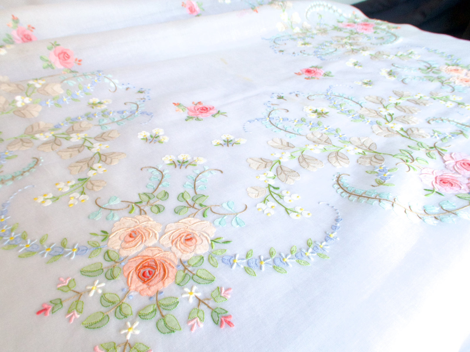 Roses Elaborately Hand Embroidered Vintage Organdy Tablecloth 66x118