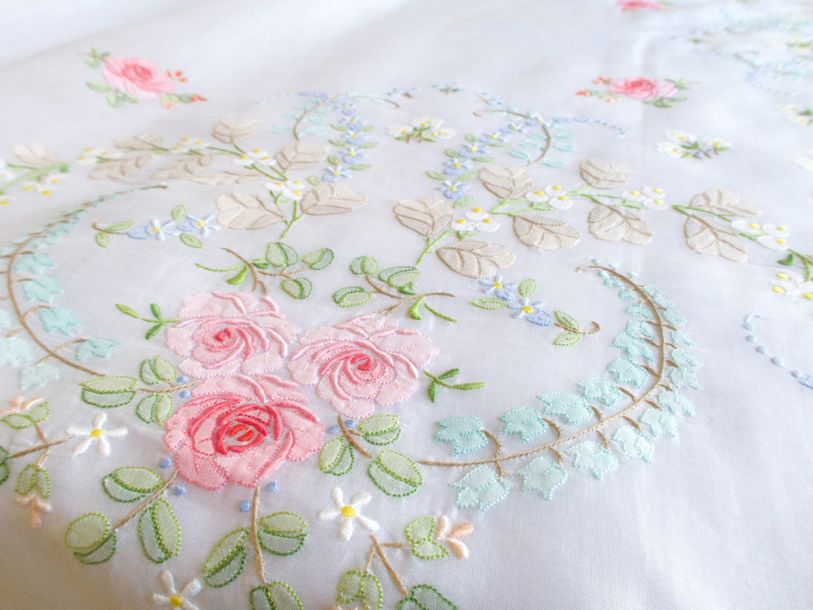 Roses Elaborately Hand Embroidered Vintage Organdy Tablecloth 66x118