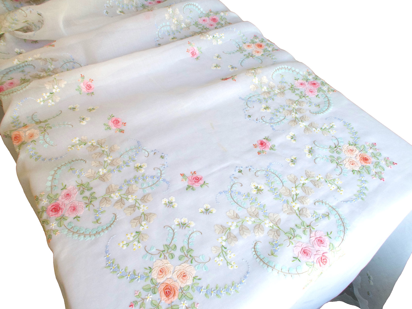 Roses Elaborately Hand Embroidered Vintage Organdy Tablecloth 66x118