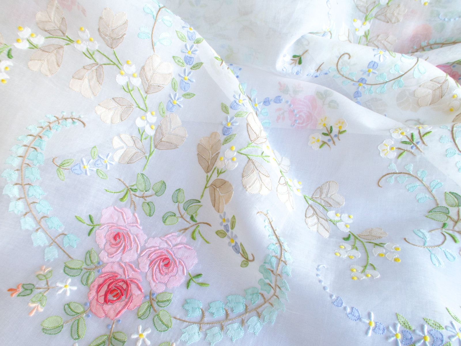 Roses Elaborately Hand Embroidered Vintage Organdy Tablecloth 66x118