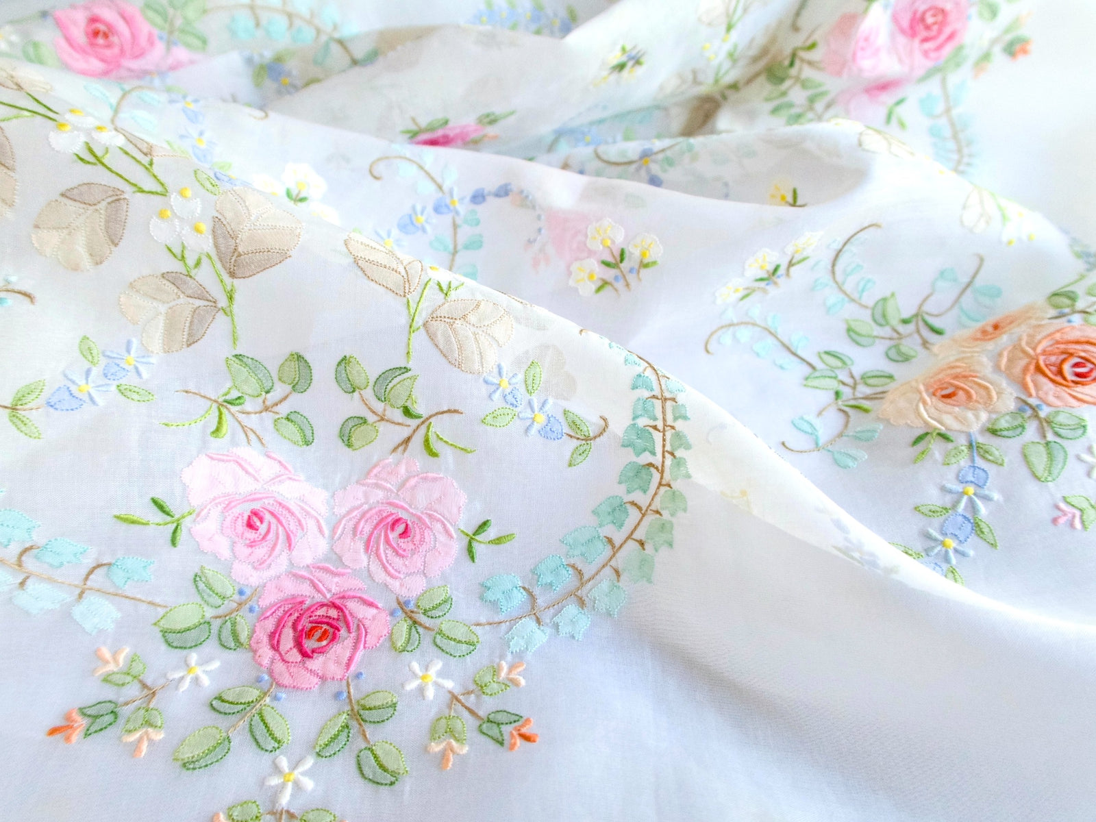 Roses Elaborately Hand Embroidered Vintage Organdy Tablecloth 66x118