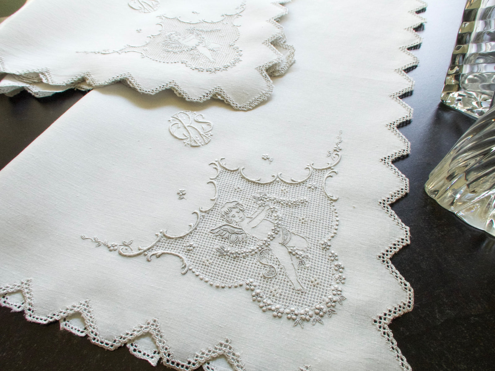 Cherubs Appenzell Embroidery Antique Dinner Napkins, Set of 12