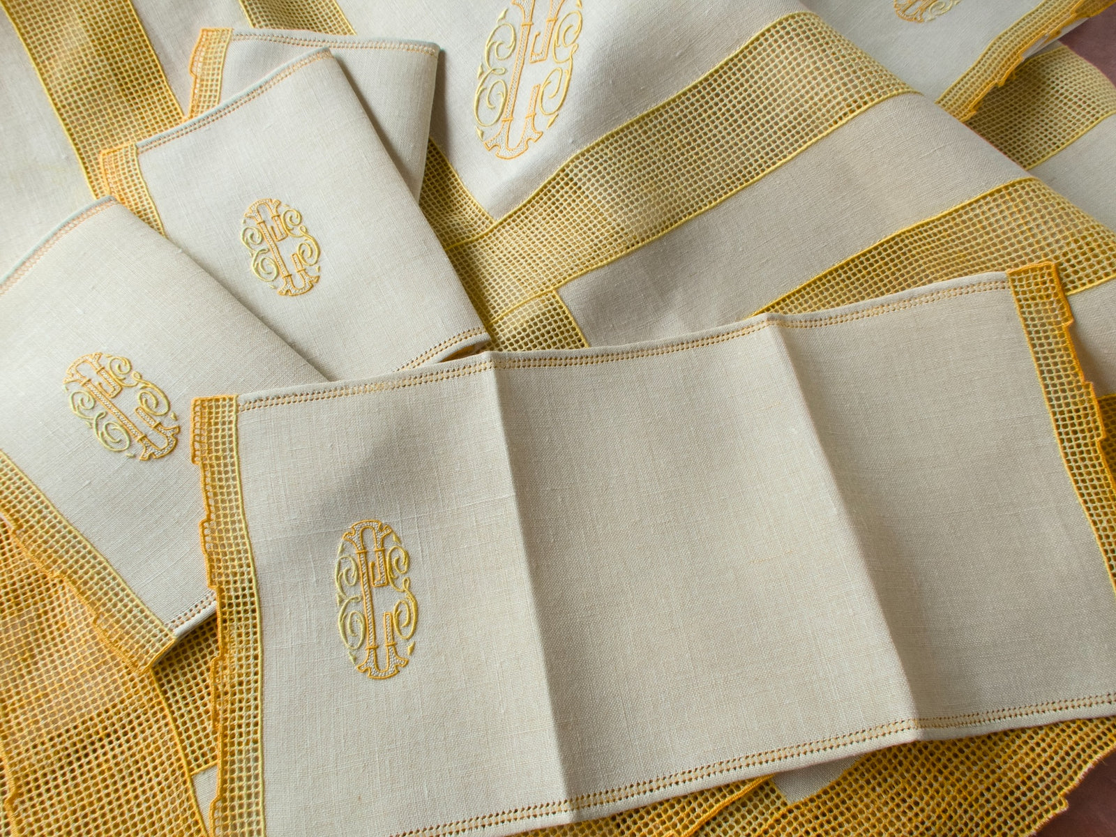 Italian Linen Tablecloth with 12 Monogrammed Cocktail Napkins, Yellow Accents