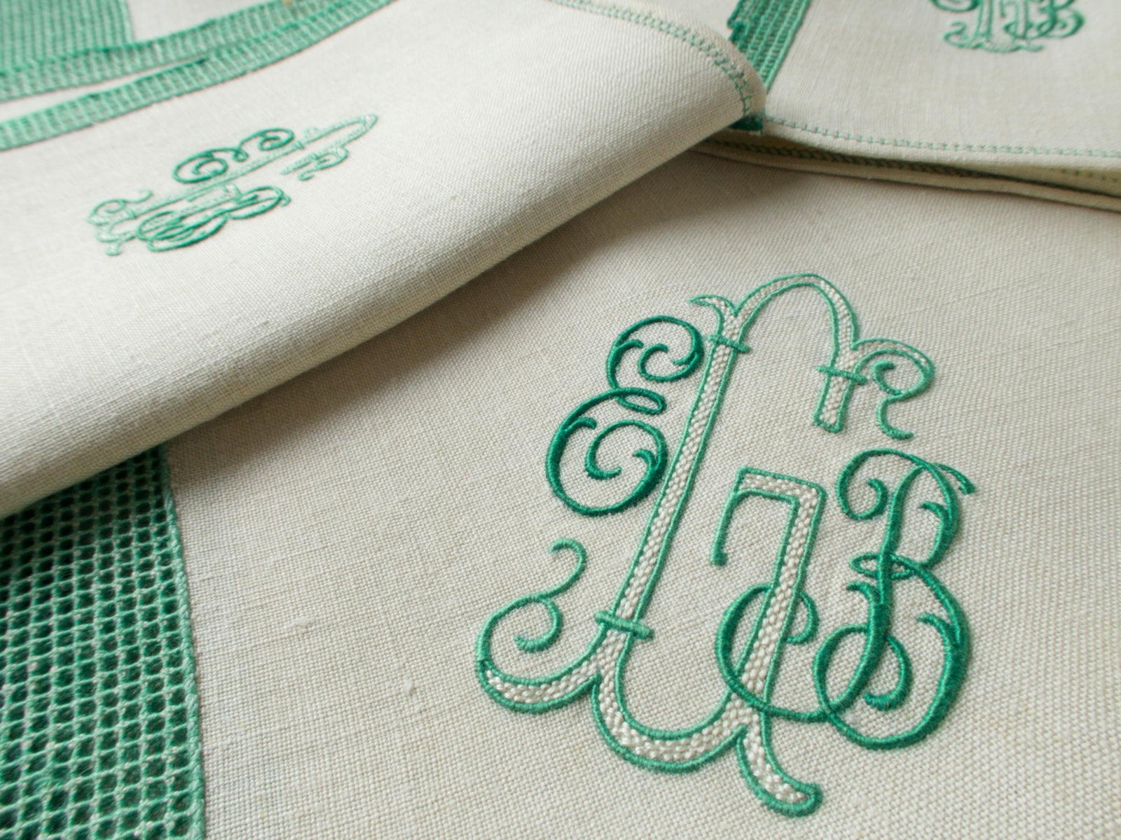 Italian Linen Tablecloth with 12 Monogrammed Cocktail Napkins, Green Accents