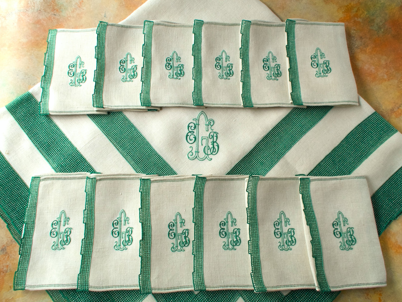 Italian Linen Tablecloth with 12 Monogrammed Cocktail Napkins, Green Accents