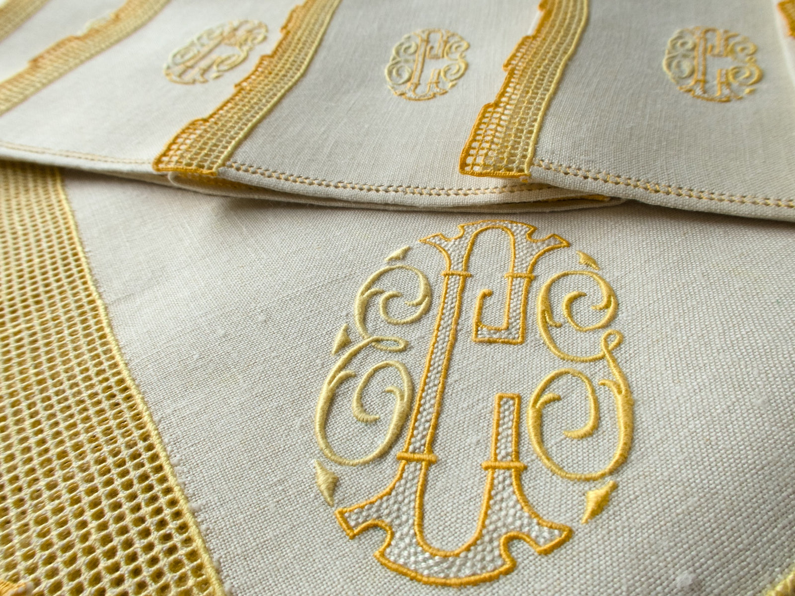 Italian Linen Tablecloth with 12 Monogrammed Cocktail Napkins, Yellow Accents