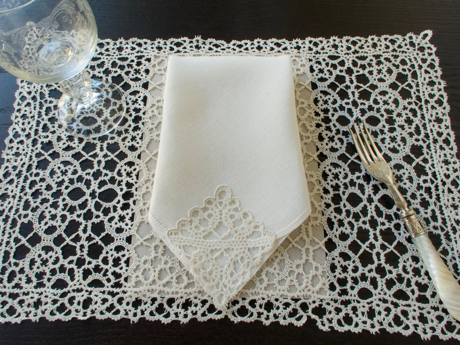 Vintage Italian bobbin lace placemat with matching linen napkin, lace as light as air, displayed together to show the full set design