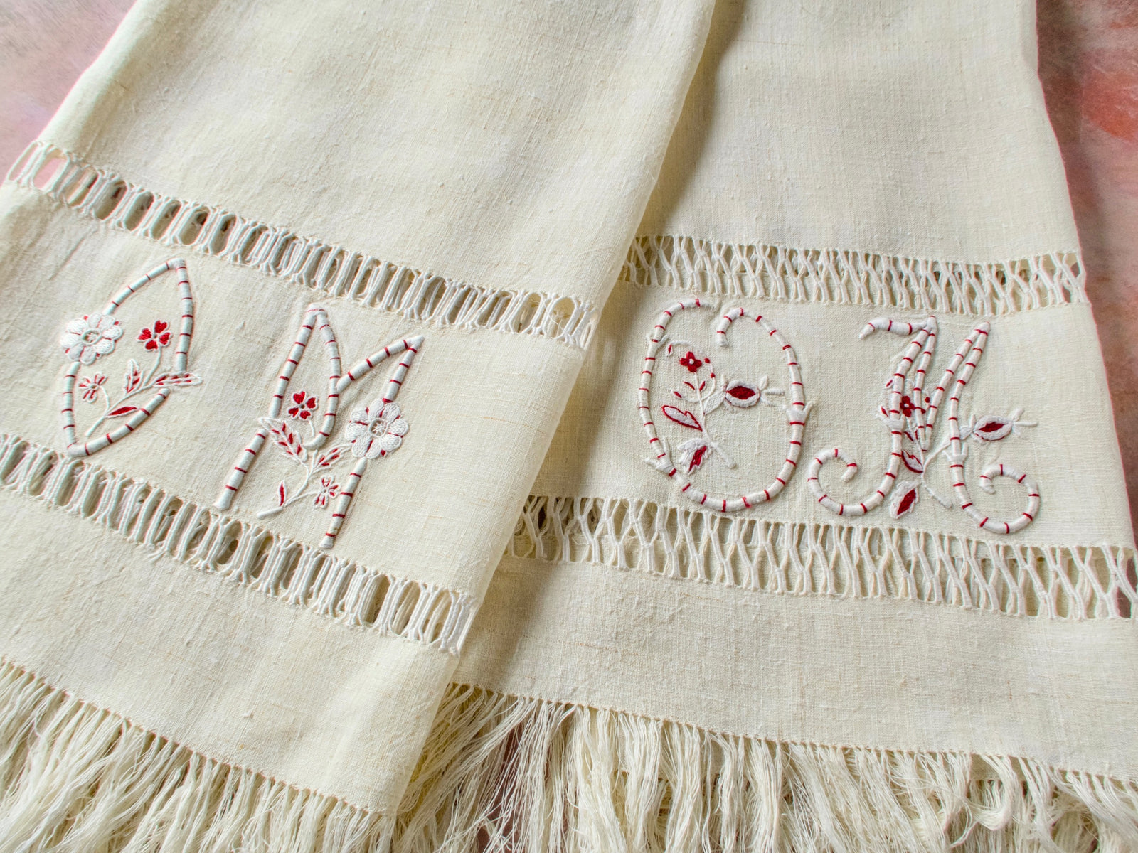 Playful French Monograms Vintage Linen Towels, 28 x 60 inches, Set of 2
