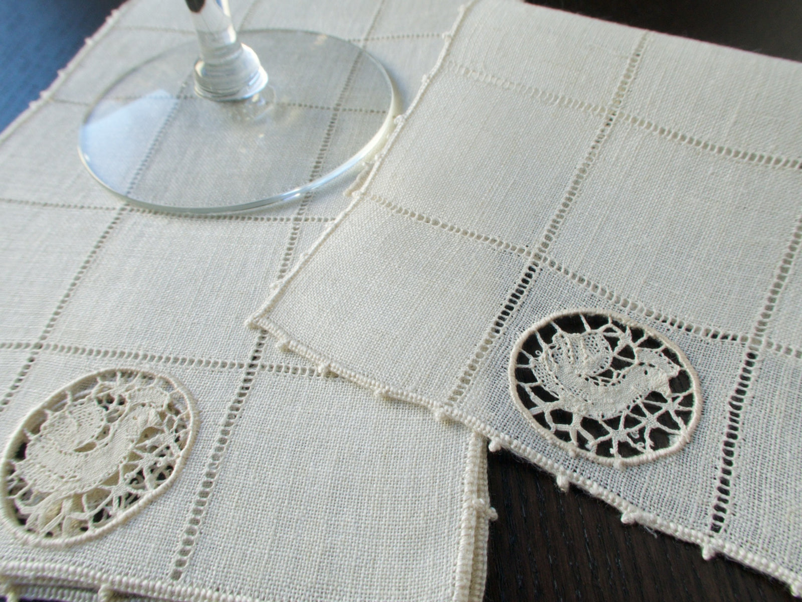 Vintage Italian cocktail napkins with roosters in handmade bobbin lace.