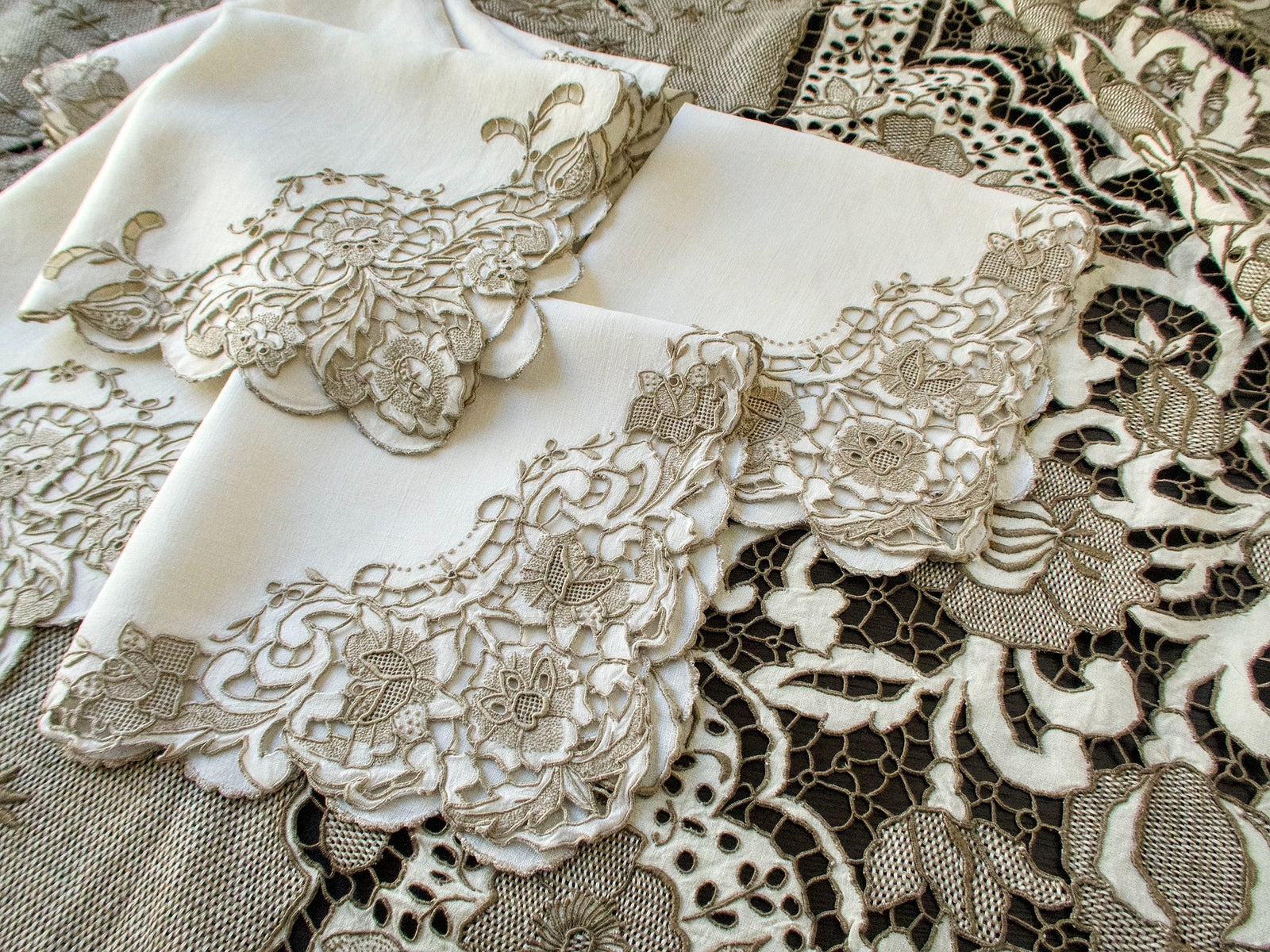 Elaborate Vintage Madeira Richelieu Linen Napkins, Set of 12