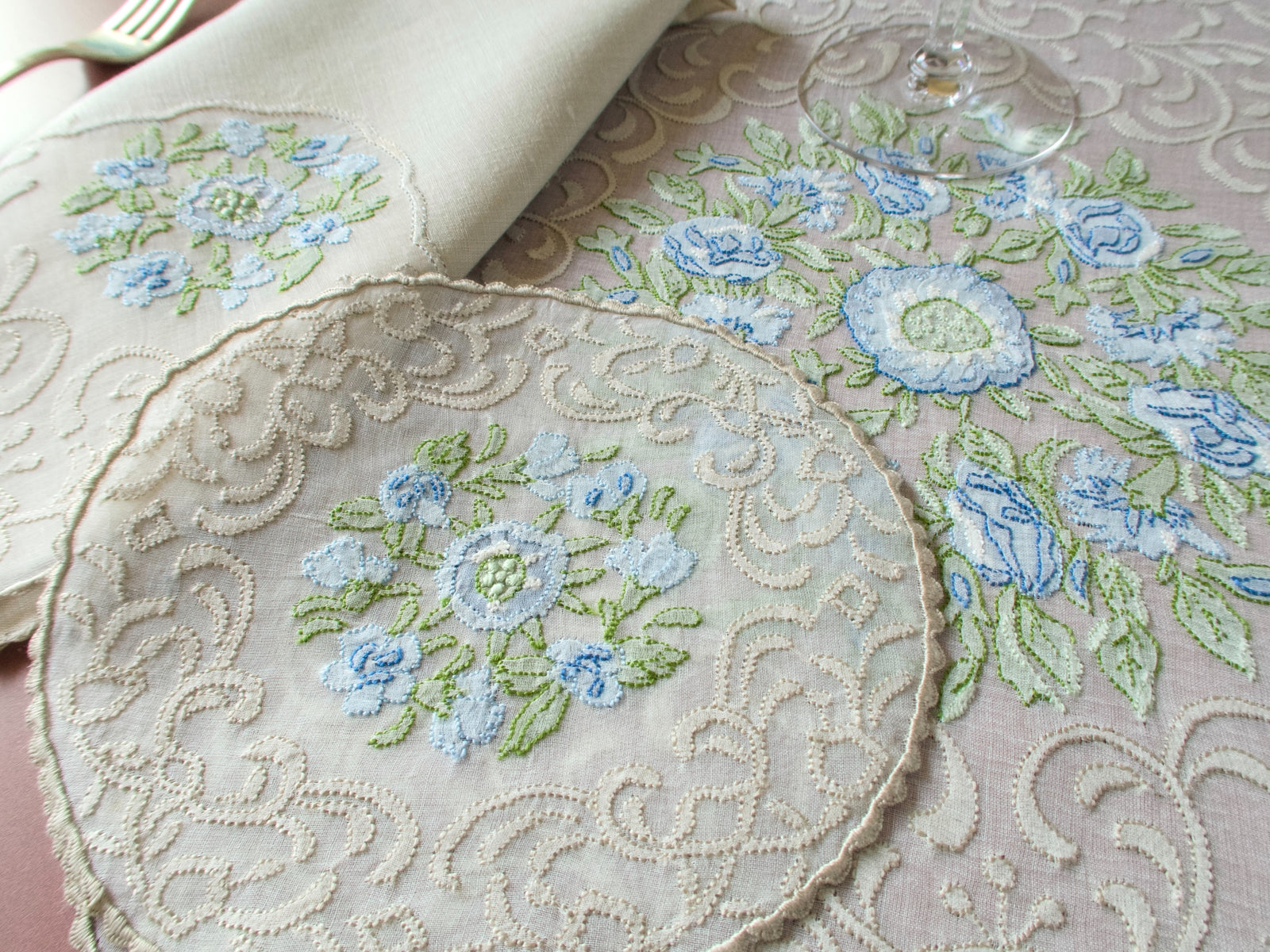 Vintage Madeira organdy placemat and coaster, blue flower shadow work embroidery, set for 12